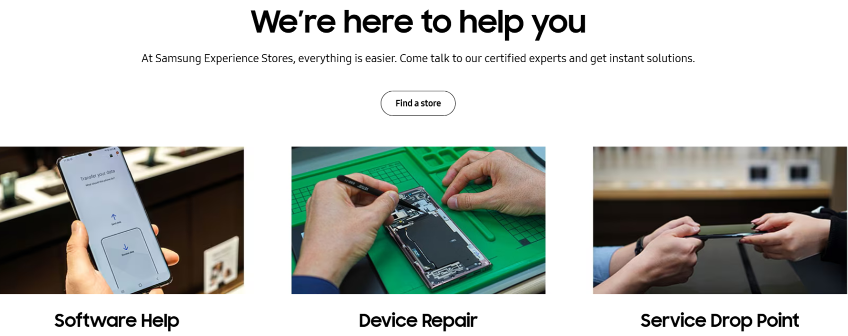 Locations are highlighted on a black heading background, and an option to look for available stores