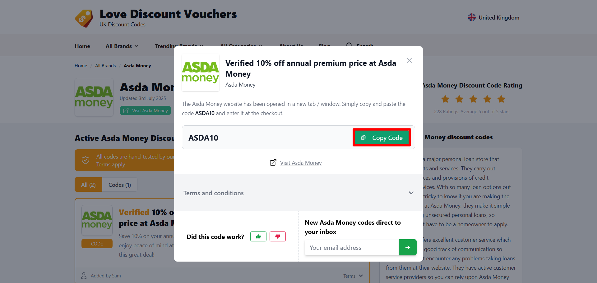 A pop-up displaying an Asda Money voucher code and its terms and conditions