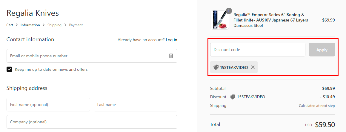How do I use my Regalia Knives discount code?