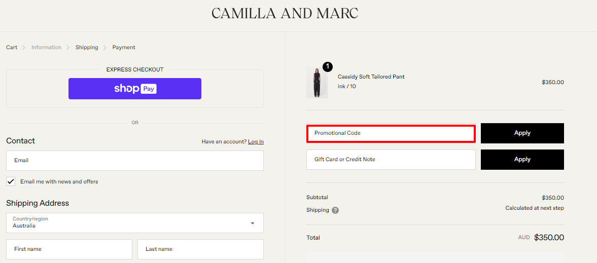 The brand checkout page with where to add the CAMILLA AND MARC promo code highlighted with a red box