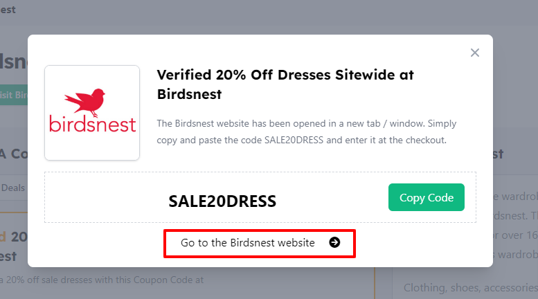 A box displayed on a white background of a Birdsnest coupon code with ‘Go to the Birdsnest website’ message