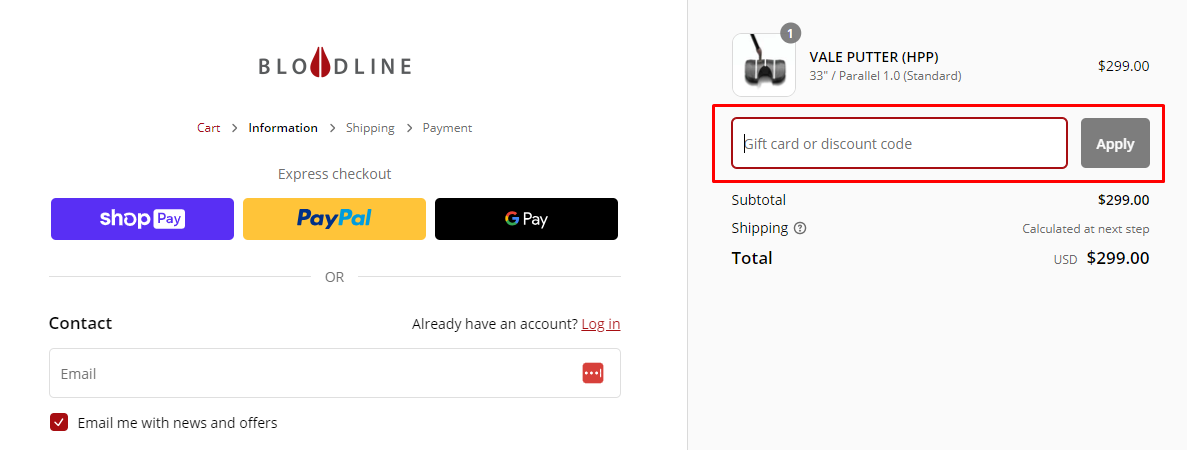 How do I use my Bloodline Golf discount code?
