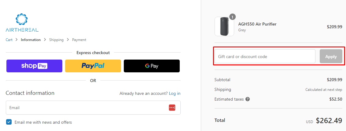 How do I use my Airthereal discount code?