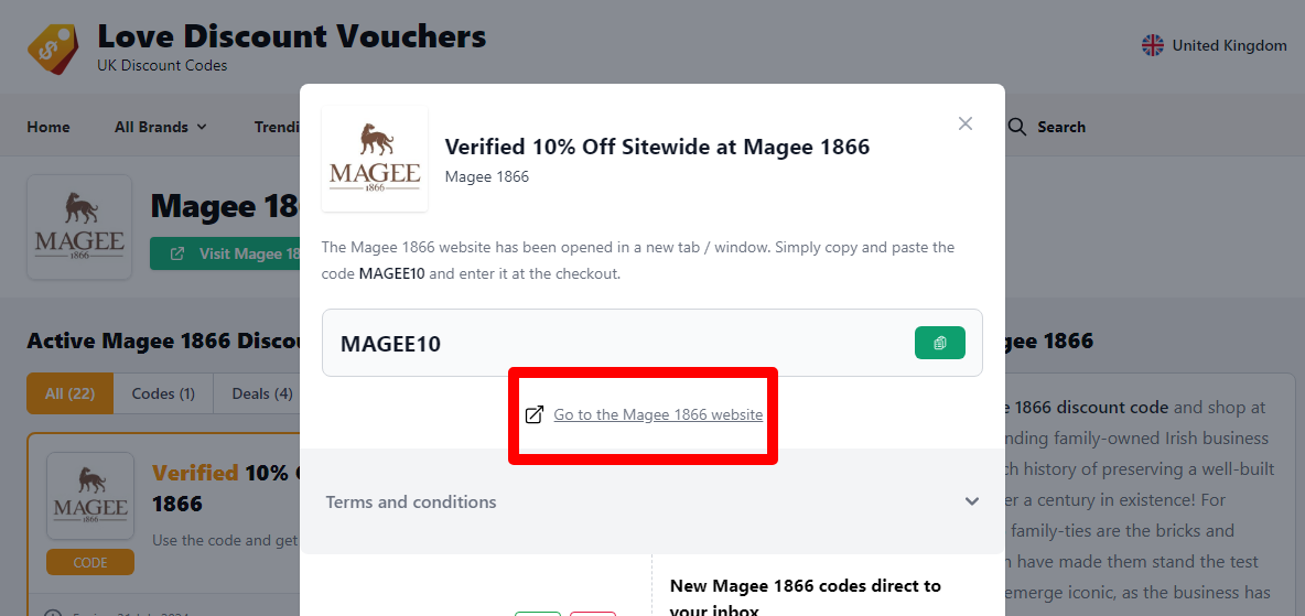 Box displayed on a darkened background of a Magee 1866 discount code with the terms and conditions showing