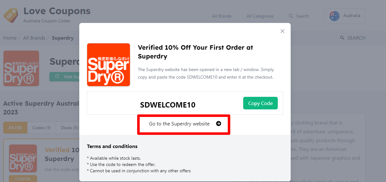Box hovering over a darkened background with Superdry promo code and the terms and conditions