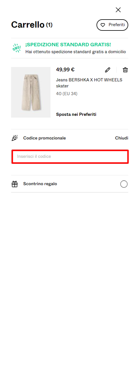 carrello del sito Bershka dove mettere un codice sconto Bershka e risparmiare