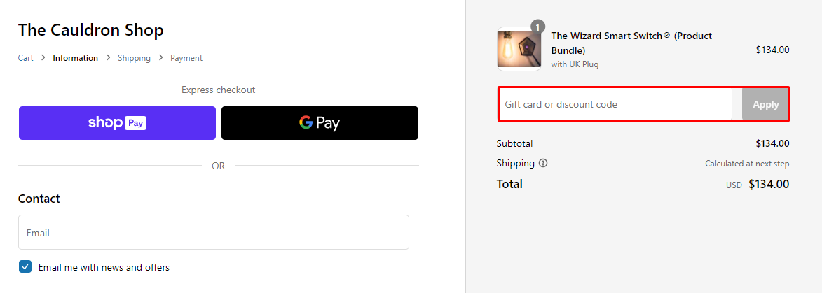 How do I use my The Cauldron Shop discount code?