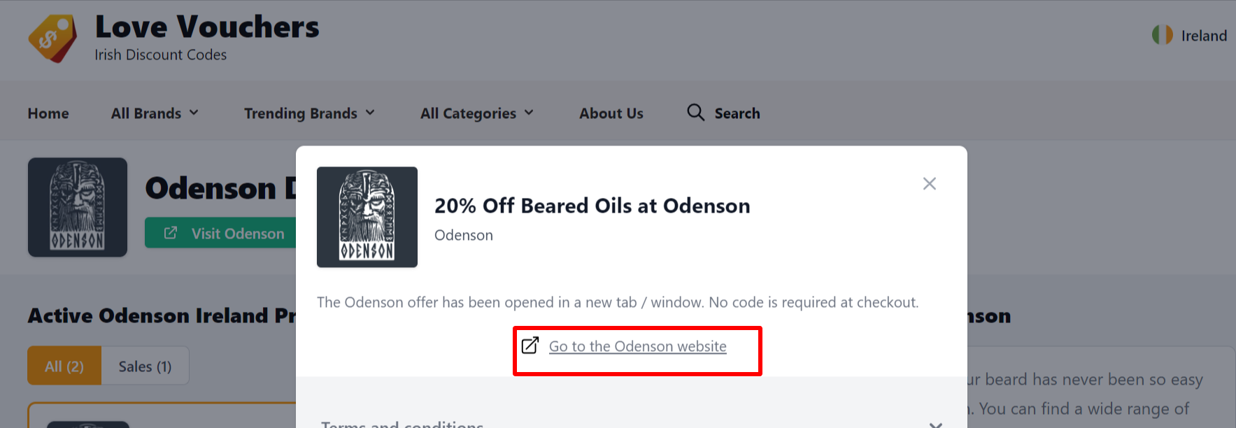 Highlighted in red shows where to find the link that takes you to the Odenson website.