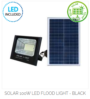 Solar LED flood light on white background for purchase with Mica Lighting discount code