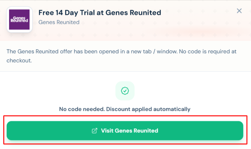 A Genes Reunited offer with "Visit Genes Reunited" in a red box