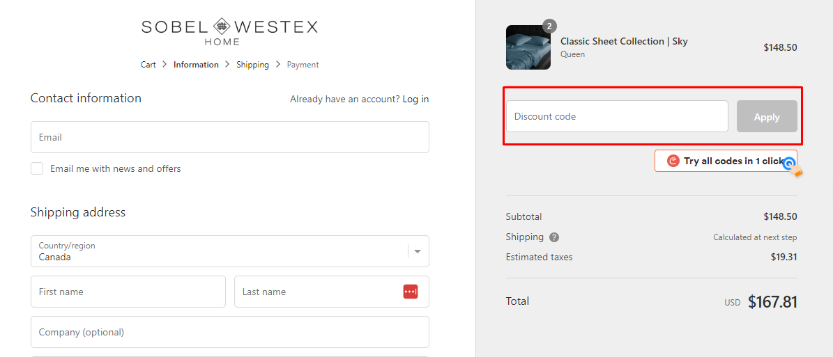 How do I use my SOBEL WESTEX HOME discount code?