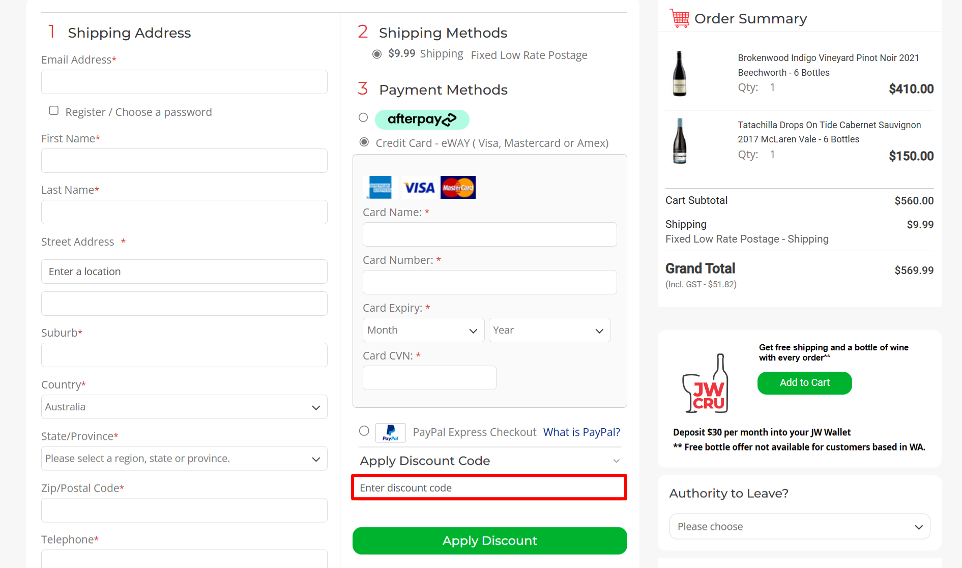 The highlighted red box at the brand checkout page is showing where to add the Just Wines discount code.