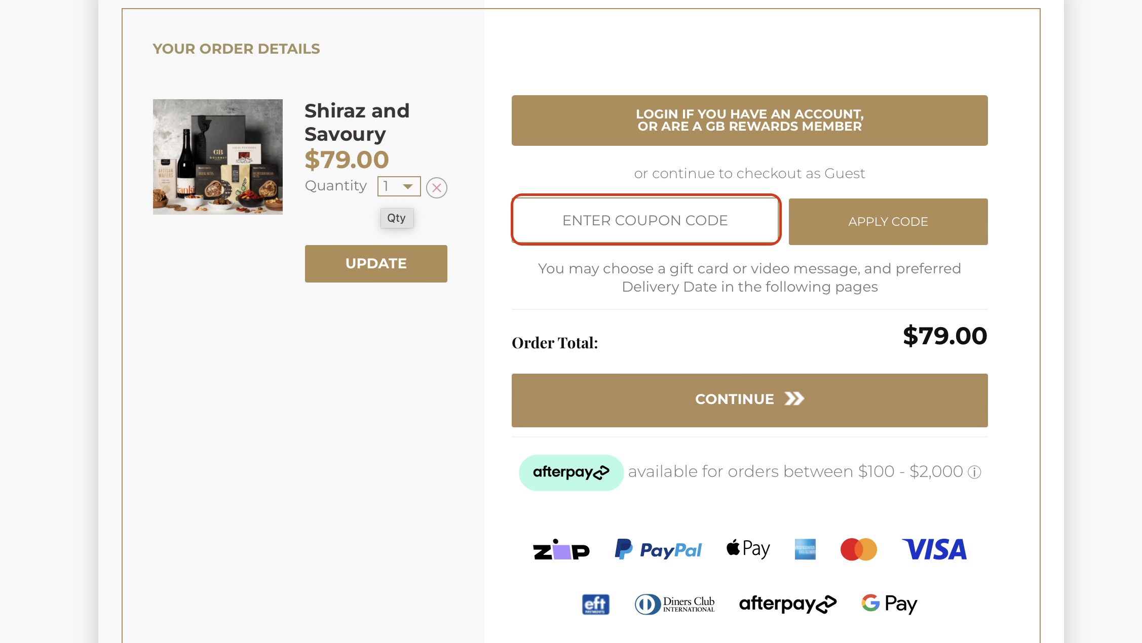 Image: The highlighted red box at the brand checkout page is showing where to add the Gourmet Basket promo code. The highlighted red box at the brand checkout page is showing where to add the Gourmet Basket promo code.
