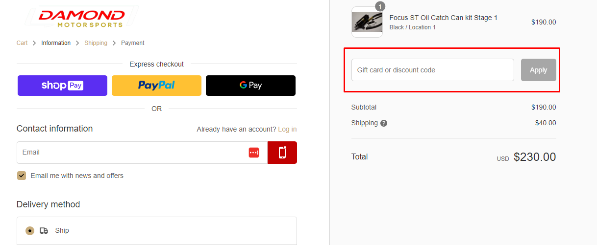 How do I use my Damond Motorsports discount code?