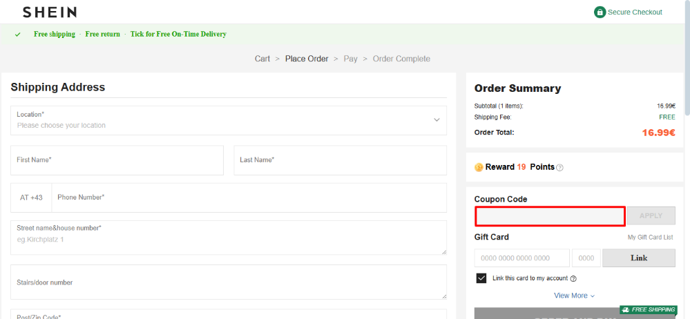 SHEIN promo code place on SHEIN by the checkout