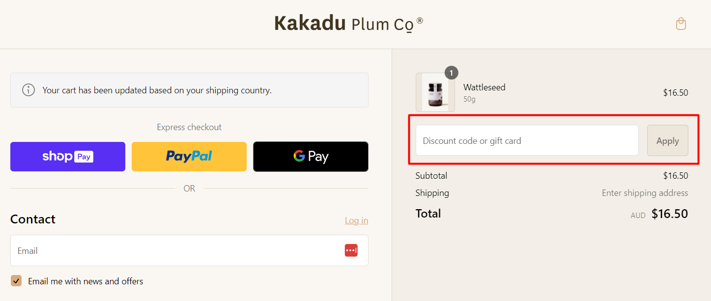 How do I use my Kakadu Plum Co discount code?
