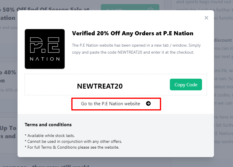 A box displayed on a white background of a P.E Nation discount code with a ‘Go to the P.E Nation website’ message