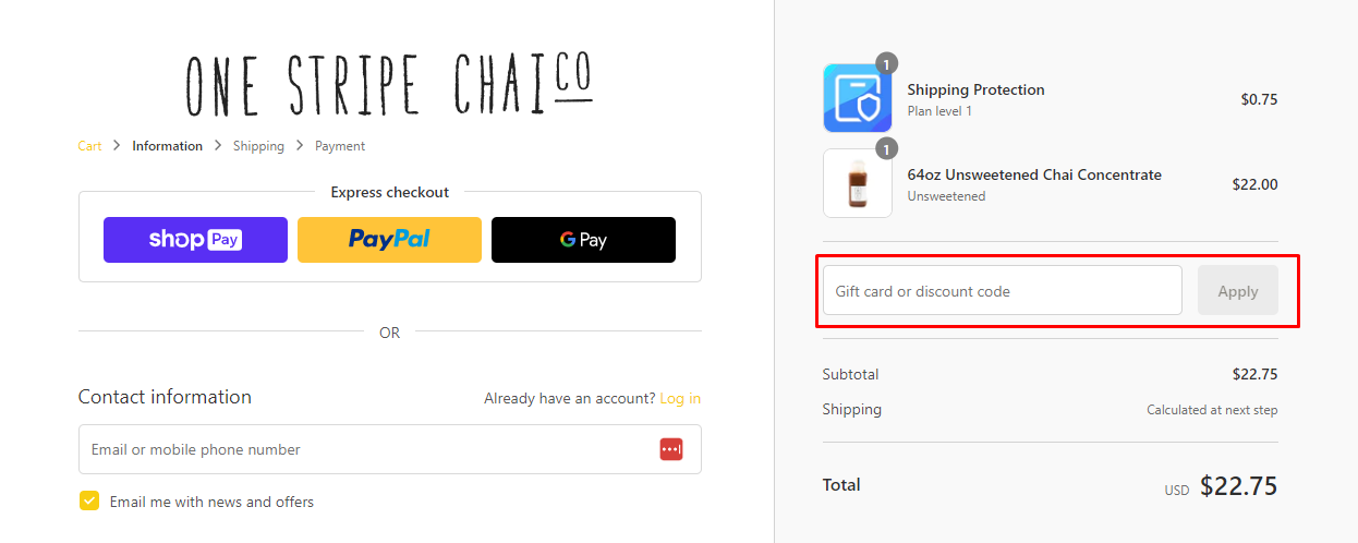 How do I use my One Stripe Chai discount code?