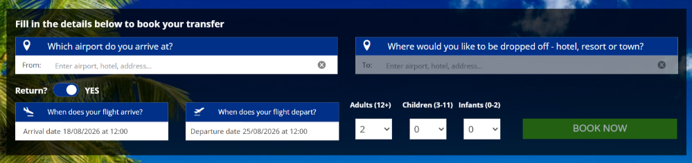 The Holiday Taxis website and the search options