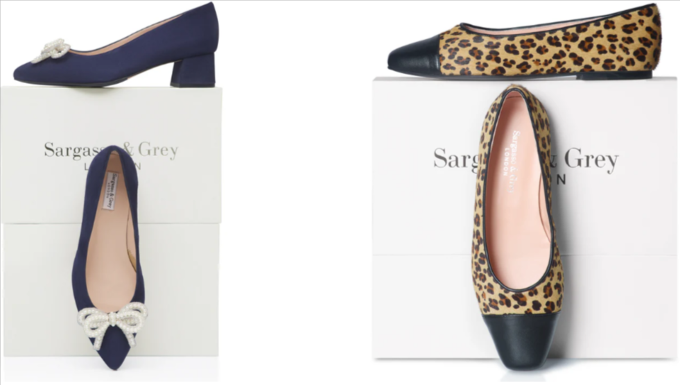 Court shoes heels and pumps staged on a Sargasso & Grey shoes box