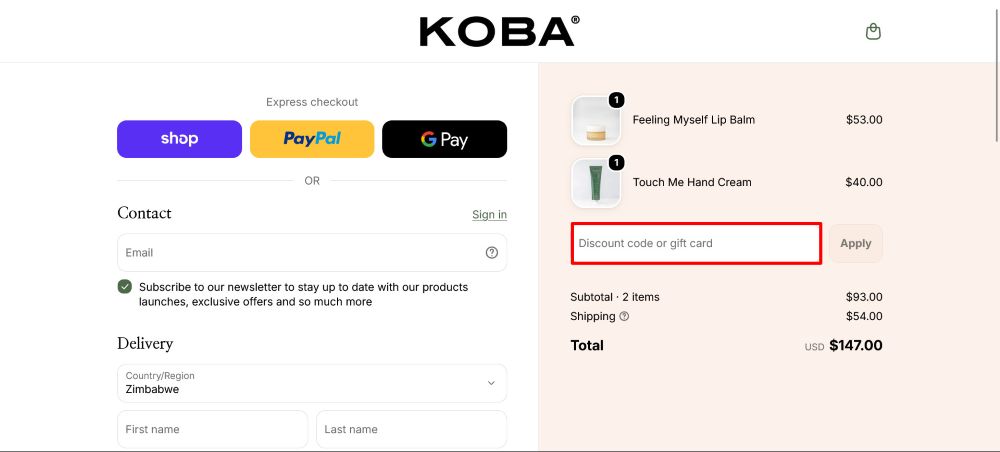 KOBA skincare Love Discount Vouchers checkout page where a code is pasted