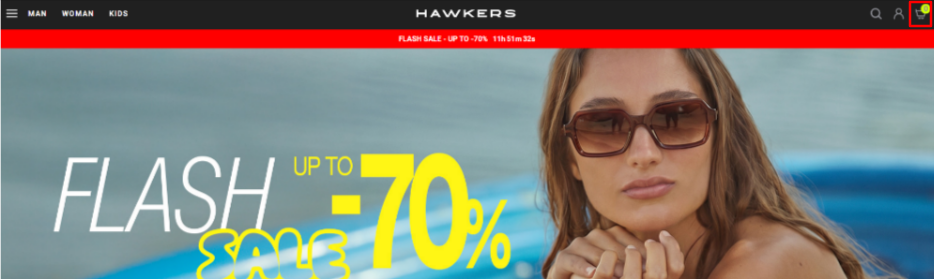 The Hawkers homepage with the shopping categories and flash sale details