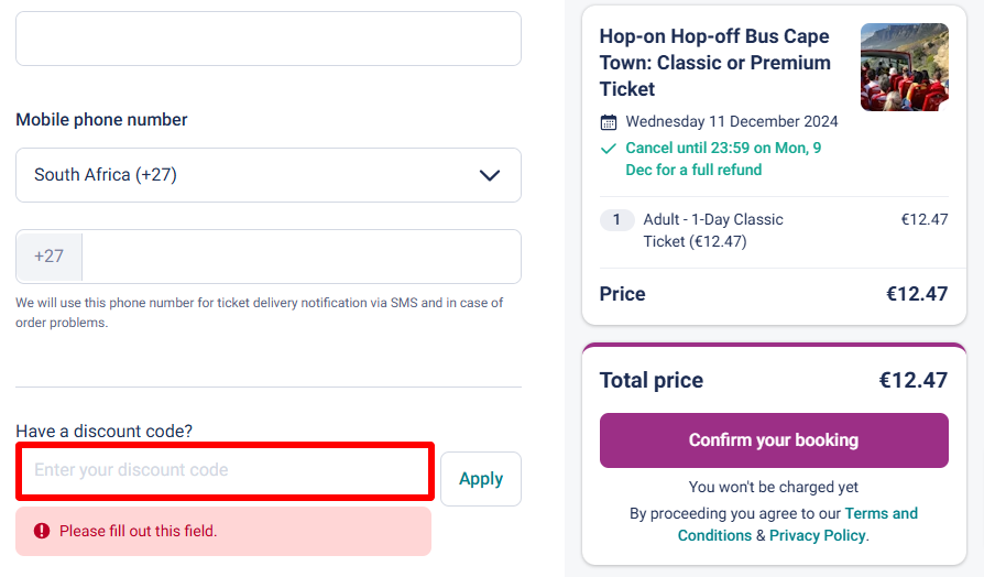 The brand checkout page with where to paste a Tiqets discount code highlighted in a red box.