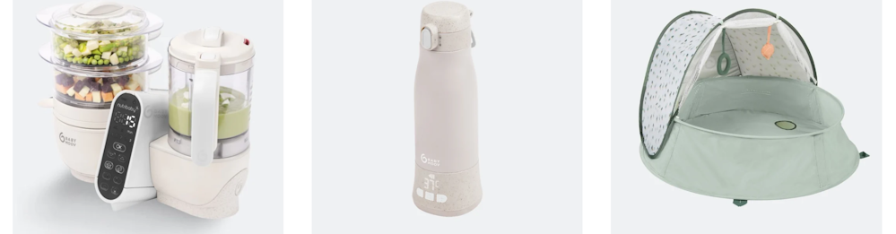 Drei jeweils verschiedene Produkte für Babybedarf vom Babymoov-Shop