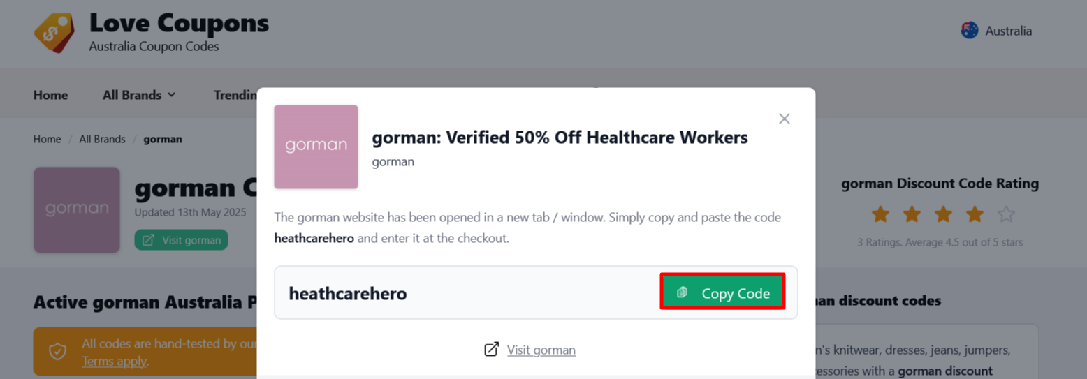 Where to copy your code is on the gorman page on Love Coupons