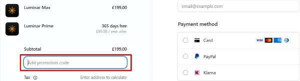 A checkout page showing where to apply your Luminar (Skylum) promo code