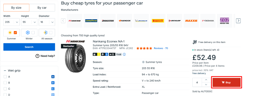 A tyre option on Autodoc and the buy now box highlighted with a red box