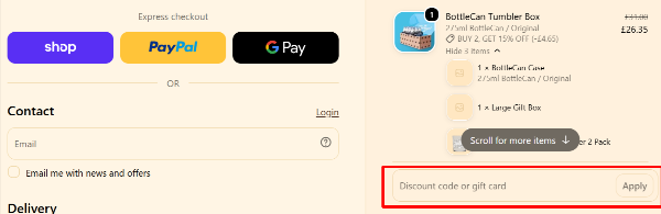 The checkout page showing a red highlited box, where to paste your Jimmy's Iced Coffee voucher code