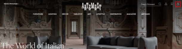 The Artemest shopping page and the different categories you can find different items you can shop from Artemest