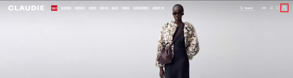 The Claudie Pierlot shopping page and the shopping categories and the shopping basket highlighted in red