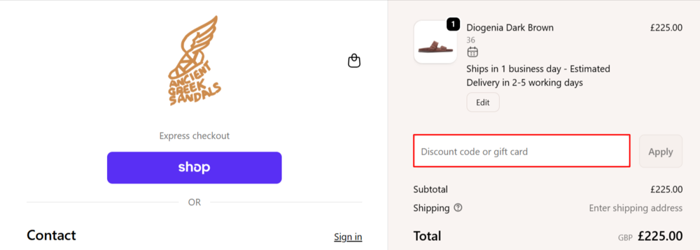 The Ancient Greek Sandals checkout page with where to paste the Ancient Greek Sandals voucher code in a red box