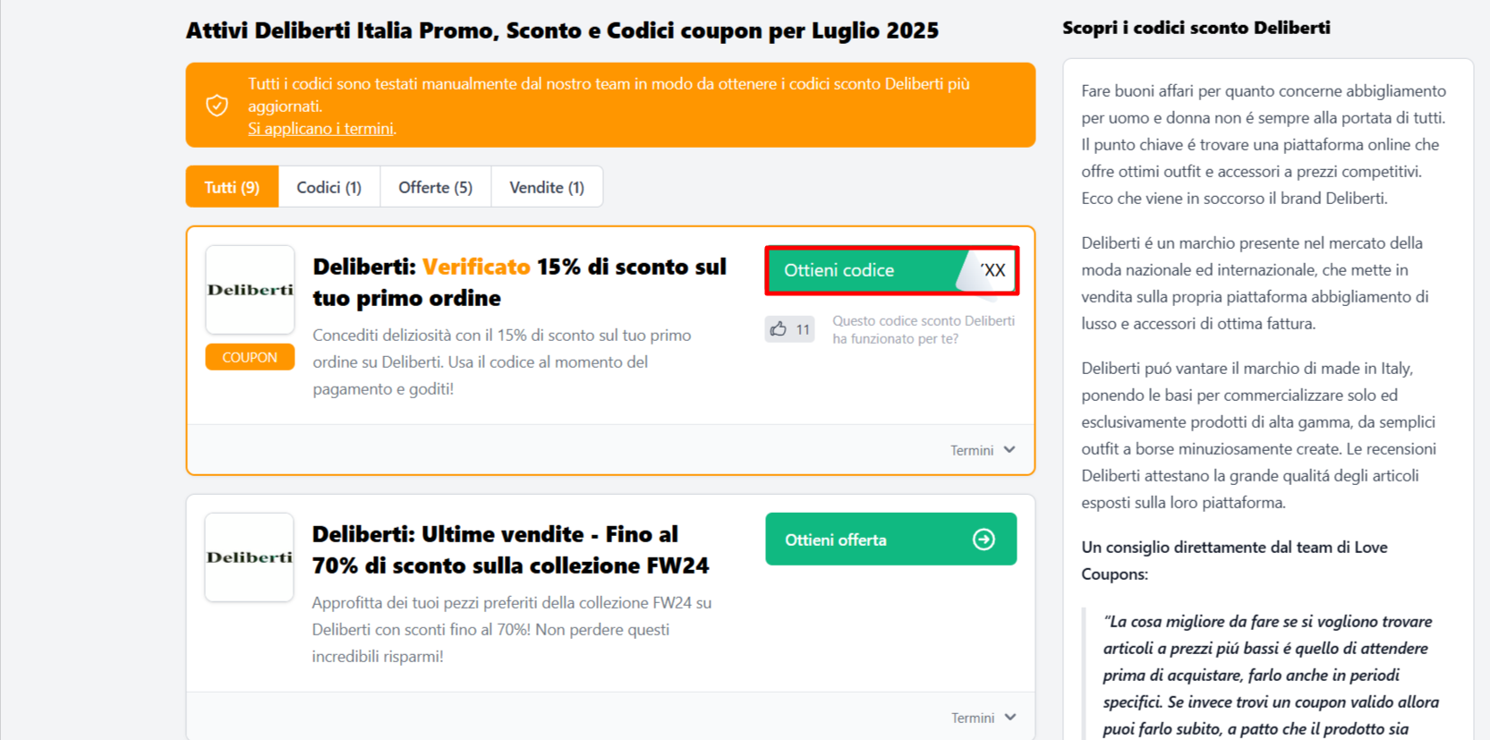 codice sconto Deliberti da poter prelevare per poter risparmiare sull'abbigliamento Deliberti