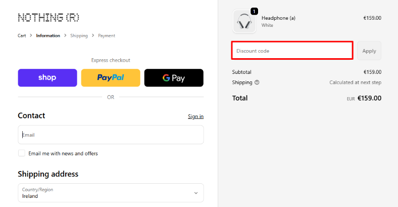 Nothing Tech promo code place in the checkout process on the right side