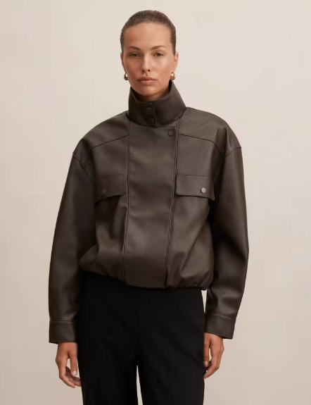 Dark brown coats:  A model wearing a chocolate funnel neck bomber jacket