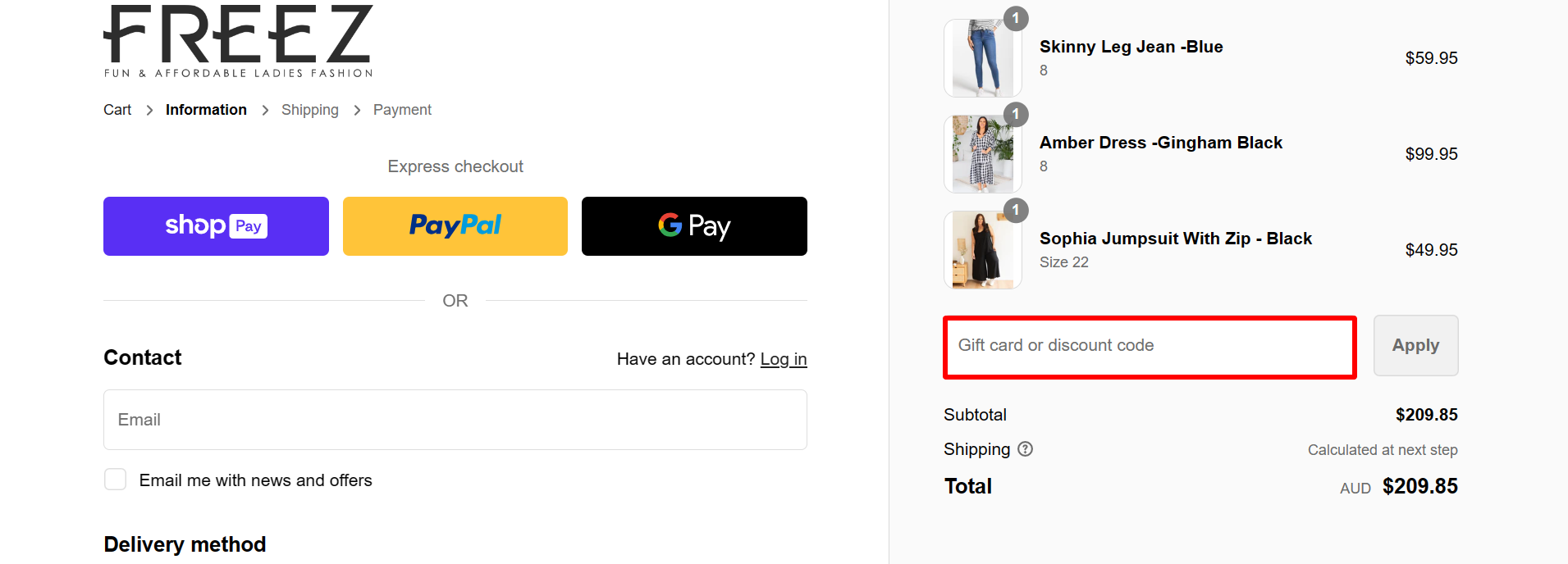 The brand checkout page with where to add the Freez discount code highlighted with a red box