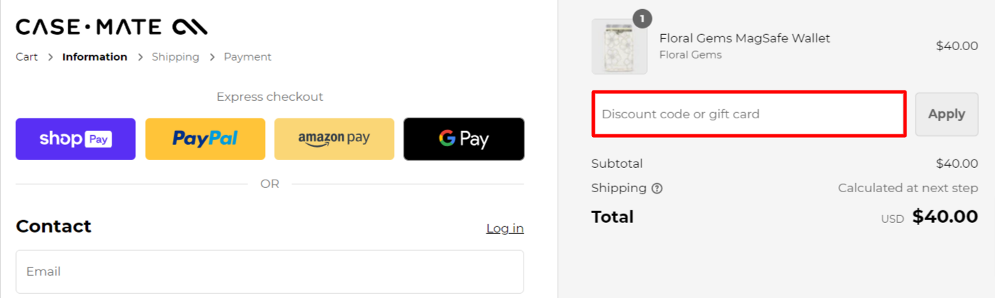 The brand checkout page with where to add the Case-Mate promo code highlighted with a red box