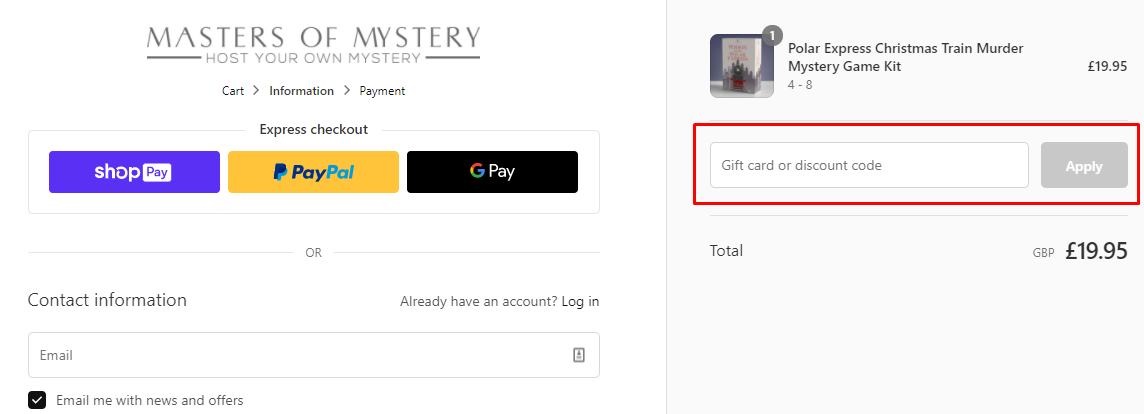 How do I use my Masters of Mystery discount code?