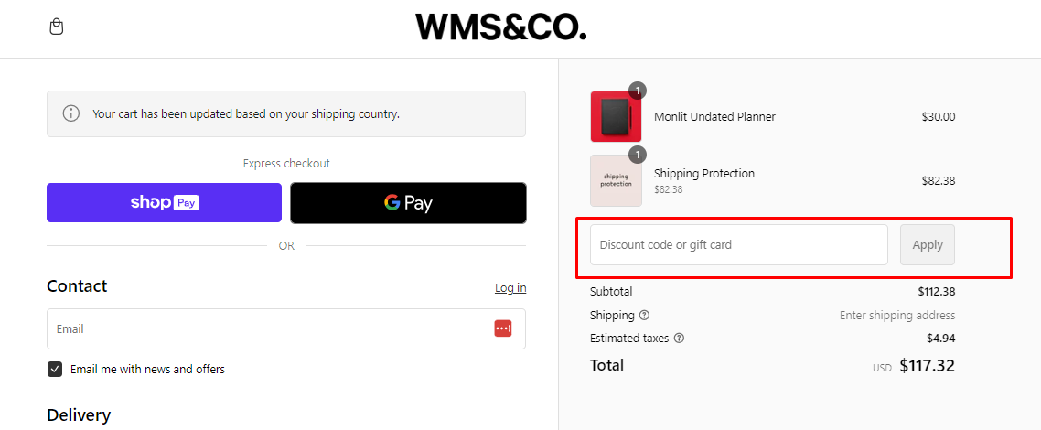 How do I use my Wms & Co. discount code?