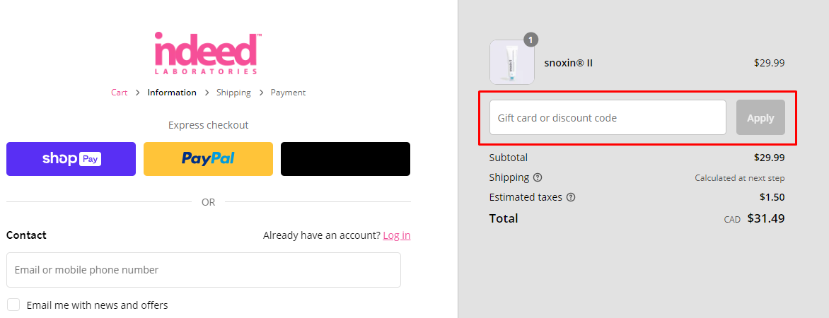 How do I use my Indeed laboratories discount code?