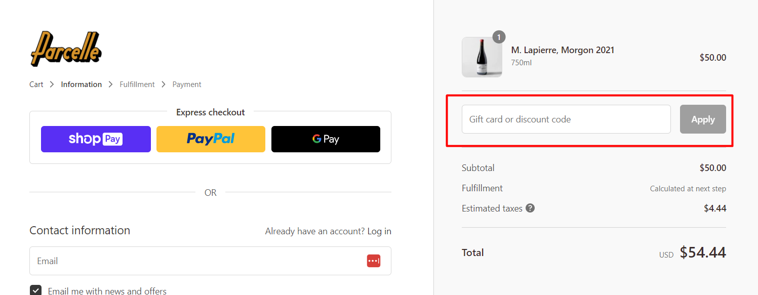 How do I use my Parcelle Wine discount code?