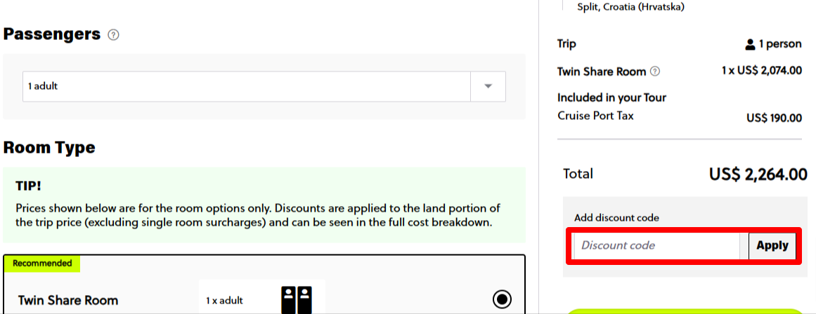 The Contiki promo code is entered in a red box on the checkout page for the brand.