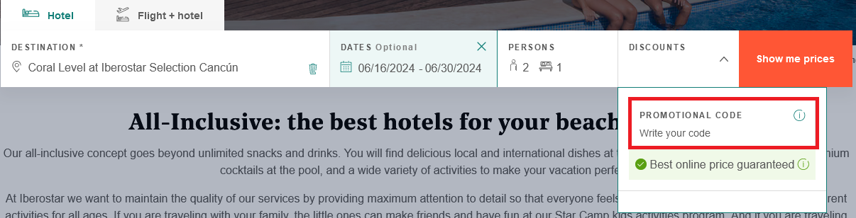 The brand checkout page with where to add the Iberostar coupon code highlighted with a red box