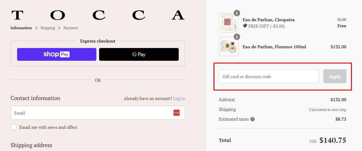 How do I use my TOCCA discount code?
