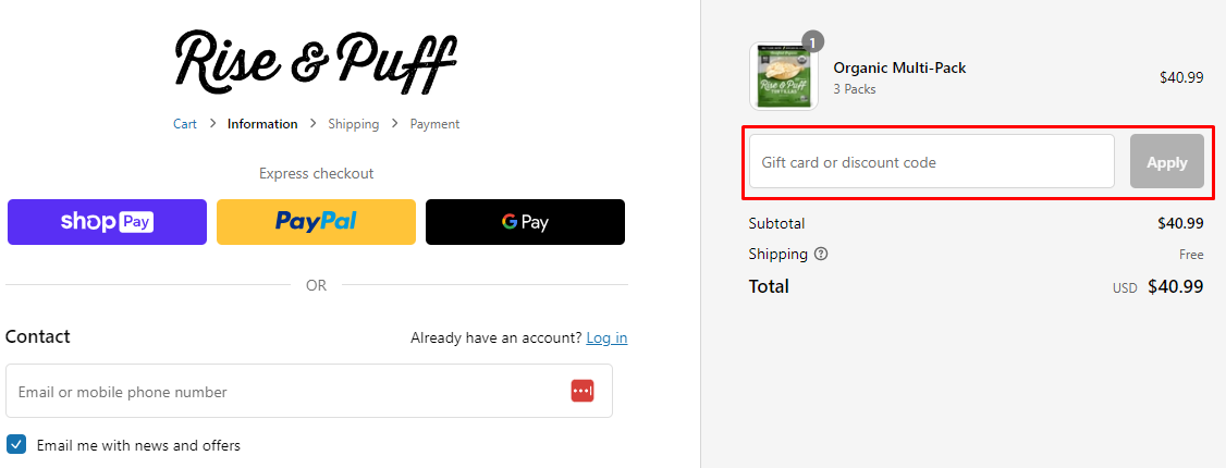How do I use my Rise & Puff discount code?