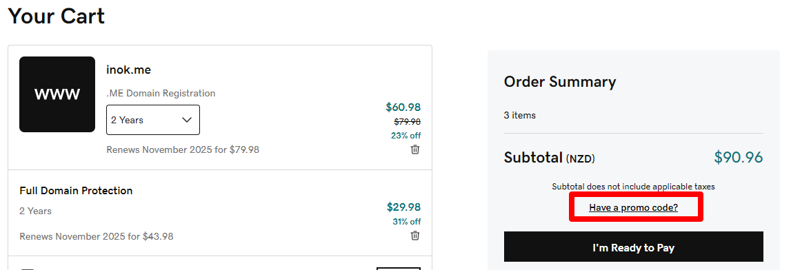 GoDaddy promo code box marked in red where customers put their code for it to be redeemed