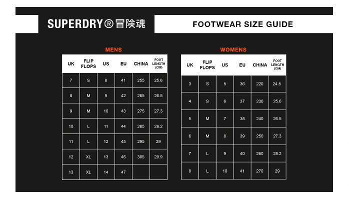 Superdry footwear size chart for men and women showing different measurements